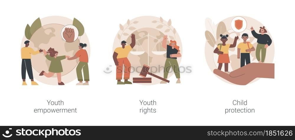 Young people rights protection abstract concept vector illustration set. Youth rights and empowerment, child protection, take action, improve life quality, involvement, voting age abstract metaphor.. Young people rights protection abstract concept vector illustrations.