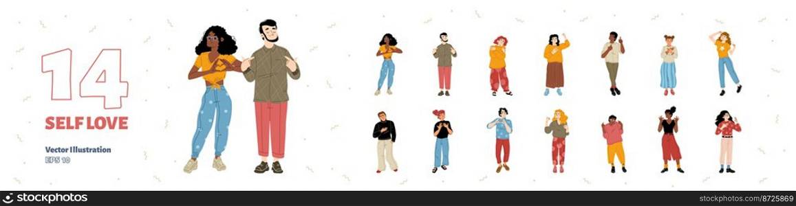 Young people showing self-love emotions, flat vector illustration set. Happy men and women making hand heart gestures, hugging and rewarding themselves, smiling. Body language of self-acceptance. Young people showing self-love emotions
