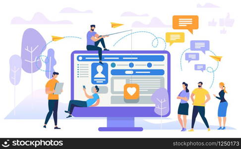 Young People Sitting and Moving at Giant Computer Monitor on City Park Background. Men and Women Texting Messages in Chat Using Mobile Smartphone. Account Addiction. Cartoon Flat Vector Illustration. People Sitting and Moving at Big Computer Monitor