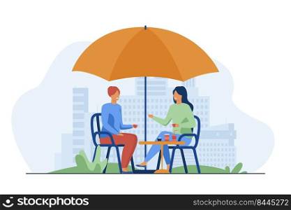 Young people sitting in street cafe and talking. Coffee, friend, relaxation flat vector illustration. Communication and leisure concept for banner, website design or landing web page