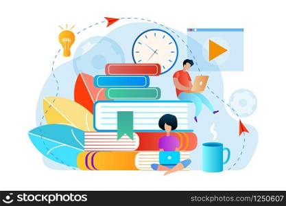 Young People Sitting on Books Engaging Knowledge Using Gadgets. Woman And Man with Laptop on Knees. Online Course. Students Learning. Education Infographics. Flat Vector Illustration Isolated on White. Young People Sitting on Books Engaging Knowledge