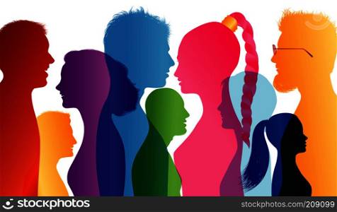 Young people smiling. Students smiling. Young people who are well together. Profiles of young colored silhouettes. Vector Multiple exposure