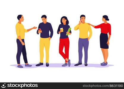 Young people standing and talking each other and phone. Communication and discussion concept. Vector illustration. Isolated flat.