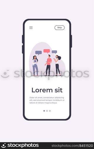 Young people standing and talking each other. Speech bubble, smartphone, girl flat vector illustration. Communication and discussion concept for banner, website design or landing web page