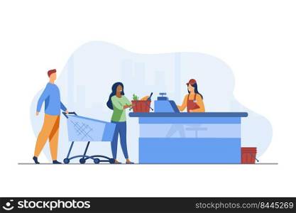 Young people standing near cashier in grocery store. Counter, payment, buyer flat vector illustration. Food, meal and products concept for banner, website design or landing web page