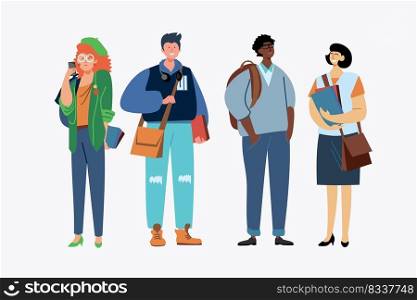 Young people standing set. Students, learning, books flat vector illustration. Education and youth concept for banner, website design or landing web page