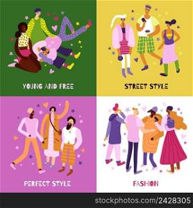 Young people street fashion concept icons set flat isolated vector illustration. Street Fashion Concept Icons Set
