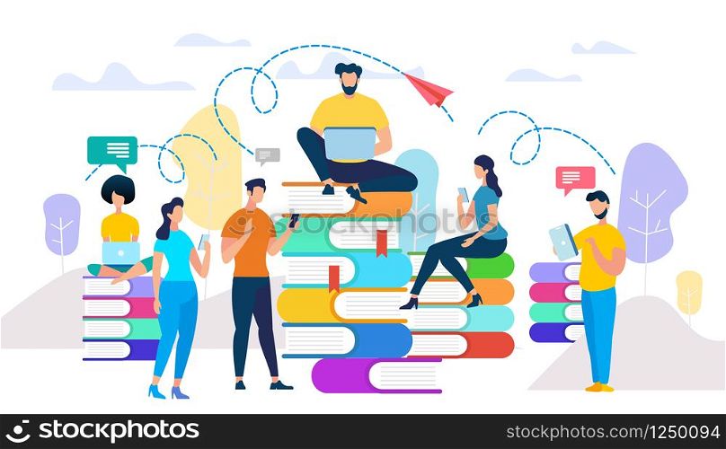 Young People Study, Prepare for Exams, Get Knowledge From Books and Internet. Online Training, Smart Tech, Books Heaps at Landscape Background. Distance Learning. Cartoon Flat Vector Illustration.. Young People Study, Prepare for Exam Get Knowledge