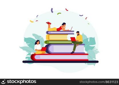 Young people studying in online school. Online education concept. Vector illustration. Flat style