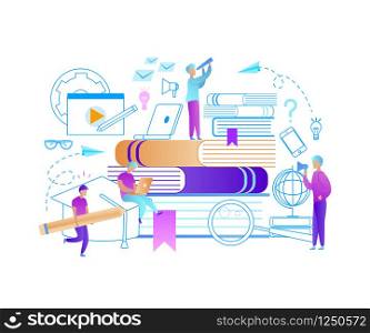 Young People Stydying Together. Collective Studying, Exam Preparation. Distance Learning, Online Courses, Education, Electronic Books And Textbooks, Flat Vector Colorful Illustration, Outline Elements. Collective Studying Characters, Exam Preparation.