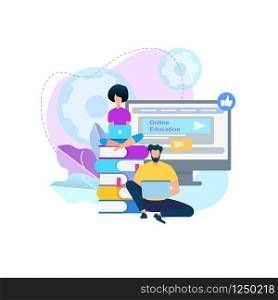 Young People Stydying Together. Girl with Laptop Sitting on Books Heap, Guy Sit Below at Computer Monitor and Cogwheels Background. Distance Learning, Online Courses, Cartoon Flat Vector Illustration.. Young People Stydying Together. Online Courses.