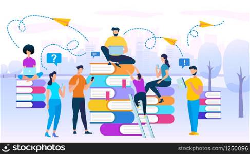 Young People Stydying Together Sitting on Books Heaps at City View Background. Distance Collective Learning, Online Courses, Education, Online Textbooks, Exam Preparation. Flat Vector Illustration.. Young People Stydying Together Sit on Books Heaps