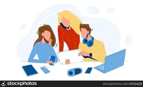 Young People Use New Millennial Gadgets Vector. Girls And Boy Watch At Electronic Tablet, Laptop, Portable Speaker And Charging From Battery Mobile Phone Gadgets. Characters Flat Cartoon Illustration. Young People Use New Millennial Gadgets Vector