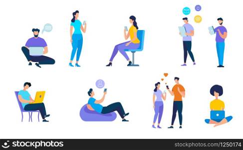 Young People Using Devices Such as Laptop, Smartphone, Tablets. Men and Women Addicted to Gadgets with Social Media Symbols Around. Internet and App Addiction. Cartoon Flat Vector Illustration.. Young People Using Devices on White Background
