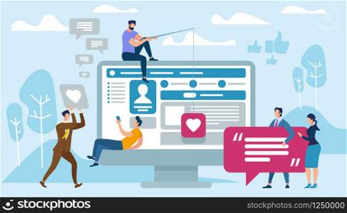 Young People Using Mobile Smartphone for Texting and Leaving Comments in Social Networks. Speech Bubbles for Message and Reply. Guys and Women Sitting on Big Monitor Cartoon Flat Vector Illustration. Young People Using Mobile Smartphone for Texting