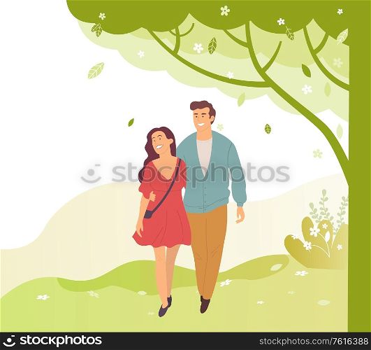 Young people walk in green spring or summer park, smiling cartoon characters. Vector brunette woman in dress and smiling handsome guy in blue jacket. Young People Walk in Green Spring or Summer Park