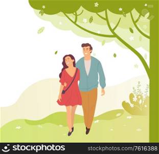 Young people walk in green spring or summer park, smiling cartoon characters. Vector brunette woman in dress and smiling handsome guy in blue jacket. Young People Walk in Green Spring or Summer Park