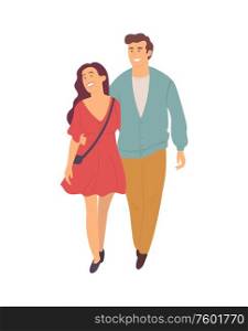 Young people walk in pairs isolated smiling cartoon characters. Vector pretty brunette woman in long dress and smiling handsome guy in blue jacket. Young People Walk in Pairs Isolated Characters