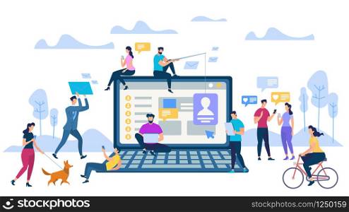 Young People with Phones at Big Laptop, Like Icons in Speech Bubbles. Social Media Community on Park Background. Smartphone Networking Communication. Internet Account. Cartoon Flat Vector Illustration. Young People with Phones at Big Laptop Background