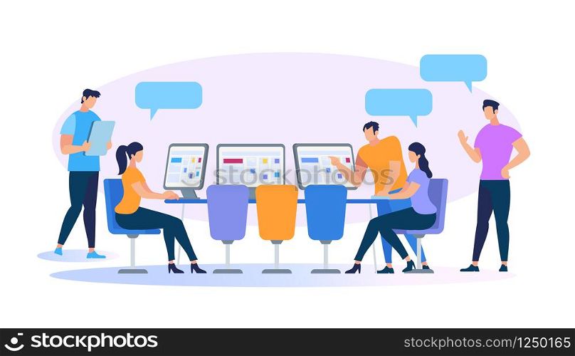 Young People Working Together Using Computers and Gadgets Isolated on White Background. Men and Women Coworking, Education, Creative Team Work. Brainstorming Meeting Cartoon Flat Vector Illustration. Young People Working Together Using Computers