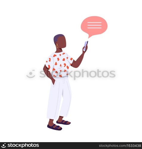 Young person flat color vector faceless character. Generation Z lifestyle. African american woman holding smartphone isolated cartoon illustration for web graphic design and animation. Young person flat color vector faceless character