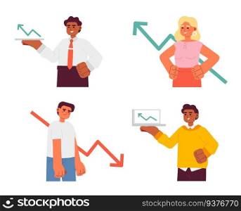 Young perspective semi flat colorful vector characters pack. Editable half body investing characters with diagrams progress on white. Simple cartoon spot illustrations set for web graphic design. Young perspective entrepreneurs semi flat colorful vector characters pack