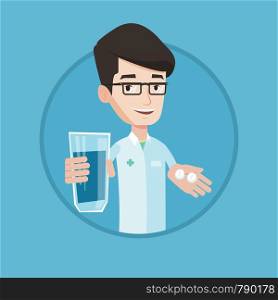 Young pharmacist holding in hands a glass of water and pills. Pharmacist in medical gown giving pills. Concept of health care. Vector flat design illustration in the circle isolated on background.. Pharmacist giving pills and glass of water.