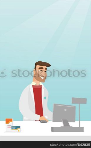Young pharmacist in a medical gown standing behind the counter in a pharmacy. Pharmacist working in the drugstore. Pharmacist working on a computer. Vector flat design illustration. Vertical layout.. Pharmacist at counter with cash box.