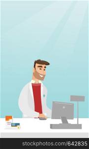 Young pharmacist in a medical gown standing behind the counter in a pharmacy. Pharmacist working in the drugstore. Pharmacist working on a computer. Vector flat design illustration. Vertical layout.. Pharmacist at counter with cash box.