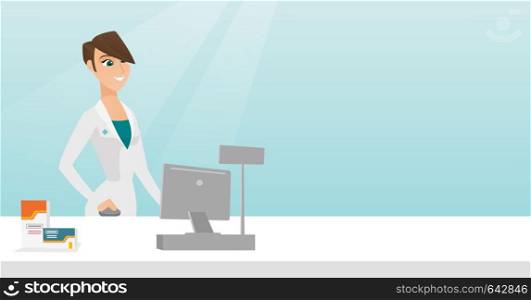 Young pharmacist in a medical gown standing behind the counter in a pharmacy. Pharmacist working in a drugstore. Pharmacist working on a computer. Vector flat design illustration. Horizontal layout.. Pharmacist at counter with cash box.