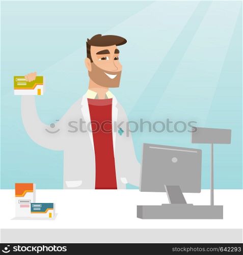 Young pharmacist in a medical gown standing behind the counter in the pharmacy. Pharmacist showing some medicine. Pharmacist holding a box of pills. Vector flat design illustration. Square layout.. Pharmacist showing some medicine.