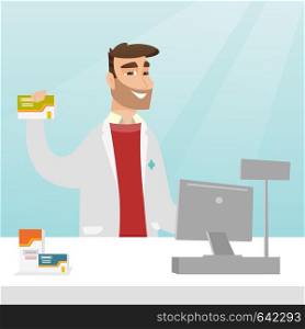 Young pharmacist in a medical gown standing behind the counter in the pharmacy. Pharmacist showing some medicine. Pharmacist holding a box of pills. Vector flat design illustration. Square layout.. Pharmacist showing some medicine.
