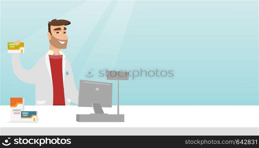 Young pharmacist in a medical gown standing behind the counter in the pharmacy. Pharmacist showing some medicine. Pharmacist holding a box of pills. Vector flat design illustration. Horizontal layout.. Pharmacist showing some medicine.