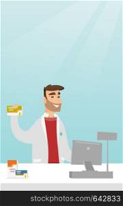 Young pharmacist in a medical gown standing behind the counter in the pharmacy. Pharmacist showing some medicine. Pharmacist holding a box of pills. Vector flat design illustration. Vertical layout.. Pharmacist showing some medicine.