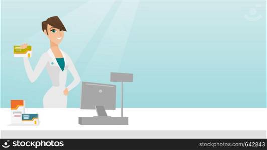 Young pharmacist in a medical gown standing behind the counter in the pharmacy. Pharmacist showing some medicine. Pharmacist holding a box of pills. Vector flat design illustration. Horizontal layout.. Pharmacist showing some medicine.