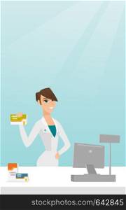 Young pharmacist in a medical gown standing behind the counter in the pharmacy. Pharmacist showing some medicine. Pharmacist holding a box of pills. Vector flat design illustration. Vertical layout.. Pharmacist showing some medicine.