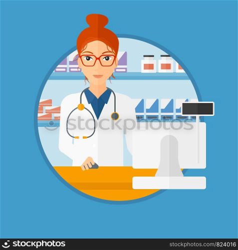 Young pharmacist in medical gown standing at pharmacy counter with cash machine. Female pharmacist working in the drugstore. Vector flat design illustration in the circle isolated on background.. Pharmacist at counter with computer monitor.