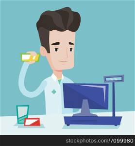 Young pharmacist in medical gown standing at the counter in the pharmacy. Pharmacist showing some medicine. Male pharmacist holding a box of pills. Vector flat design illustration. Square layout.. Pharmacist showing some medicine.