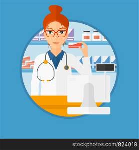 Young pharmacist standing at the counter and showing some medicine. Female pharmacist holding a box of pills in the pharmacy. Vector flat design illustration in the circle isolated on background.. Pharmacist showing some medicine.