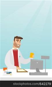Young pharmacist writing notes and holding a prescription. Pharmacist in medical gown standing behind the counter. Pharmacist reading a prescription. Vector flat design illustration. Vertical layout.. Pharmacist writing a prescription.