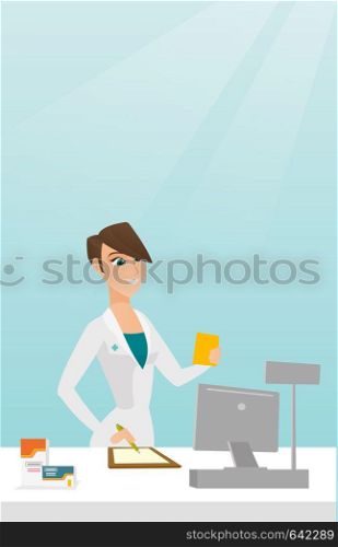 Young pharmacist writing notes and holding a prescription. Pharmacist in medical gown standing behind the counter. Pharmacist reading a prescription. Vector flat design illustration. Vertical layout.. Pharmacist writing prescription.