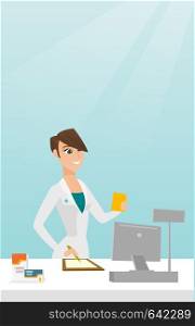 Young pharmacist writing notes and holding a prescription. Pharmacist in medical gown standing behind the counter. Pharmacist reading a prescription. Vector flat design illustration. Vertical layout.. Pharmacist writing prescription.