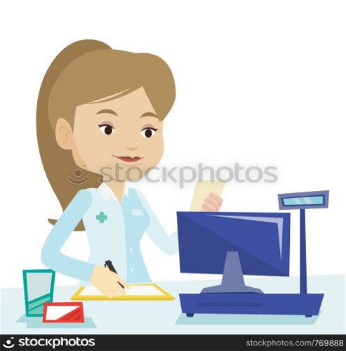 Young pharmacist writing on clipboard and holding prescription. Pharmacist standing at pharmacy counter. Pharmacist reading prescription. Vector flat design illustration isolated on white background.. Pharmacist writing prescription.