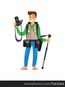 Young photographer with photo equipment. Man holding digital camera and tripod, cases for lenses on belt, heavy backpack vector illustration isolated.. Young Photographer with Photo Equipment Isolated