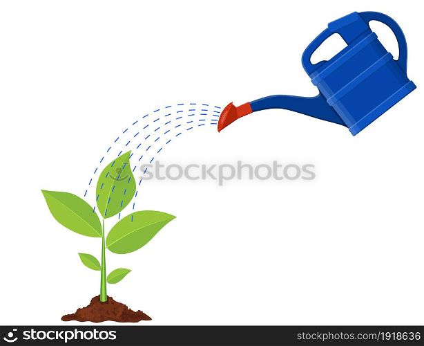 Young plant with watering can and water drops, Isolated On White. Vector illustration in flat style. Young plant with watering can