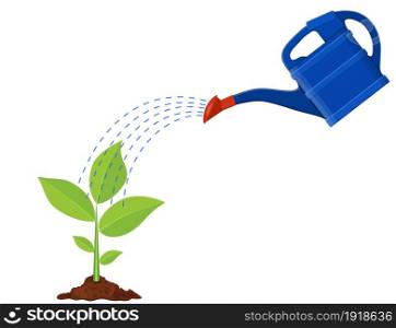 Young plant with watering can and water drops, Isolated On White. Vector illustration in flat style. Young plant with watering can