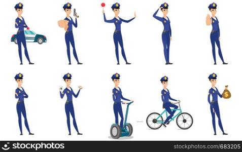 Young police officer standing with arms crossed on the background of police car. Police officer standing in front of police car. Set of vector flat design illustrations isolated on white background.. Vector set of police woman characters.