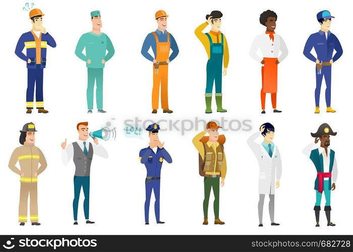 Young policeman laughing out loud. Policeman and speech bubble with text - lol. Policeman laughing out loud and covering his mouth. Set of vector flat design illustrations isolated on white background. Vector set of professions characters.