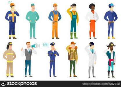 Young policeman laughing out loud. Policeman and speech bubble with text - lol. Policeman laughing out loud and covering his mouth. Set of vector flat design illustrations isolated on white background. Vector set of professions characters.