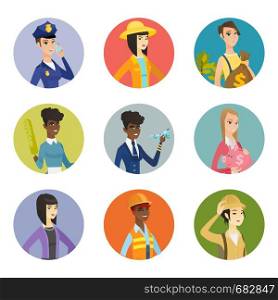 Young policewoman talking on a mobile phone. Caucasian policewoman with mobile phone. Set of different professions. Set of vector flat design illustrations in the circle isolated on white background.. Vector set of characters of different professions.